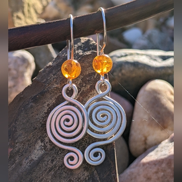 Sterling Silver Baltic Amber Earrings Tribal Spiral Metallic Statement - Picture 9 of 16